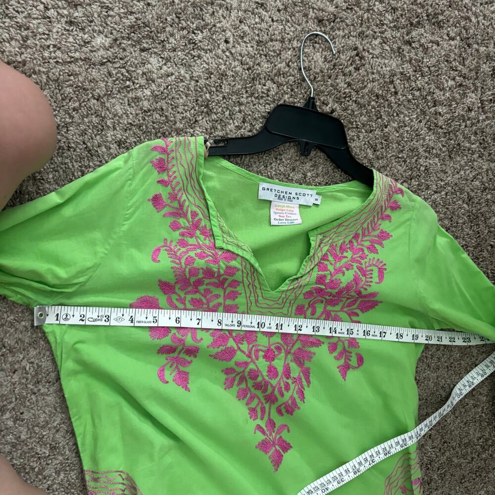 Gretchen Scott Embroidered Tunic Top Sz S Green Pink Cotton 3/4 Sleeve Coastal - Picture 8 of 9